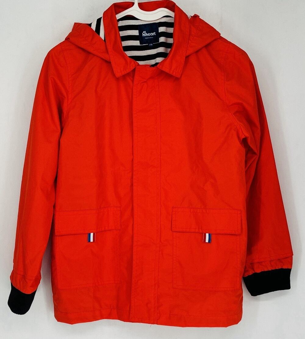 Hiheart Kids Rain Jacket 9/10 150 Red Hooded Striped Lined Nautical Raincoat